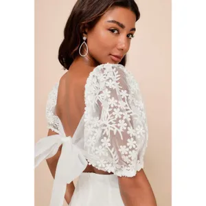 Lulus Charming Potential White Organza Backless Puff Sleeve Mini Dress M NWT thumbnail 4