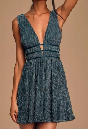 Lulus Smokeshow Teal Metallic Sleeveless‎ Mini Dress MEDIUM thumbnail 1