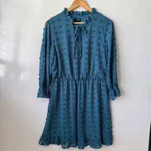 Tacera Mini Dress Ruffle Neck Long Sleeve Pom Dot Teal Blue Size‎ L thumbnail 5