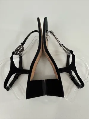 Tory Burch Black Suede Crystal Logo T-Strap Block Heel Sandals Size 9.5 thumbnail 3