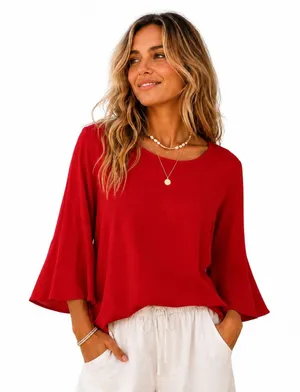 Apt. 9 XL Blouse Bell Sleeve Keyhole Back Stretch Career Red Flowy Holiday thumbnail 1