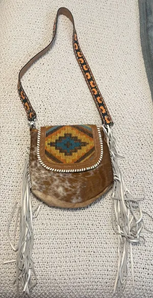 Myra Bag Brown Hair-on-Hide Crossbody with Multicolor Flap and Fringe thumbnail 1