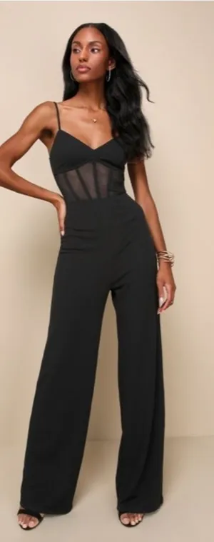 LULU's Sexy Chic Elegant Sheer Bustier Corset Black Wideleg Jumpsuit Pantsuit thumbnail 1