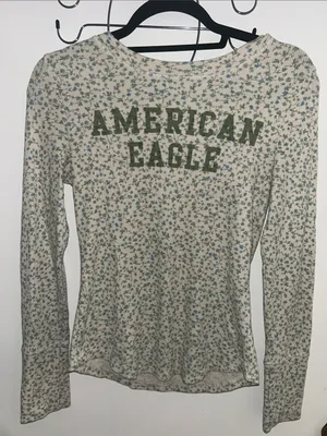 American Eagle Outfitters White Floral Long-Sleeve Tee with Green Logo thumbnail 2