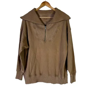 Aerie Oversized Collared Quarter Zip Sweatshirt Size S Brown Ribbed Collar Cozy thumbnail 2