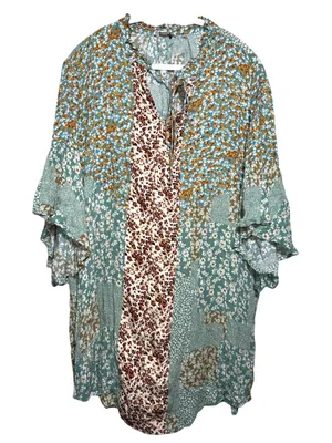 Umgee USA Patchwork Boho Dress‎ S Mixed Print Floral Ruffle Sleeve Shift thumbnail 1