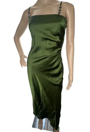ZARA Green Satin Long Dress With Rhinestone Spaghetti Straps thumbnail 1