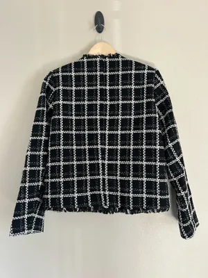 Tahari Black and White Checkered Wool Bleed Tweed Blazer Small New thumbnail 2