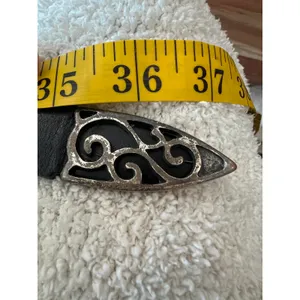 Artisan Vintage 90's black leather belt intricate antique silver buckle M 31-34 western thumbnail 5