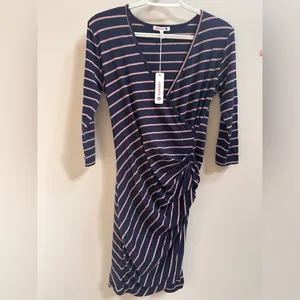 NEW Anthropologie Sundry Fabian Faux Wrap‎ Striped Shirt Dress Women’s 1/S Navy thumbnail 2