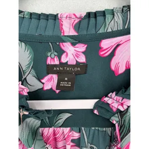 Ann Taylor Blouse Womens Medium Green‎ Pink Floral Ruffle Neck Sleeveless Shell thumbnail 3