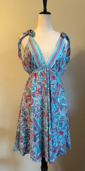 IndiaBoutique Sari Short Dress Coverup Paisley Turquoise Red OneSize boho resort thumbnail 1