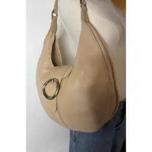 Donald J Pliner Beige Pebbled Leather Whipstitch Hobo Shoulder Bag Brass Ring thumbnail 5