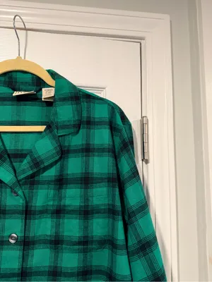 L.L.Bean Size SP Green Plaid Flannel Pajama Top Button Front 100% Cotton Pocket thumbnail 4