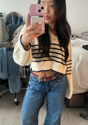 H&M Cream and Black Striped V-Neck Sweater thumbnail 1