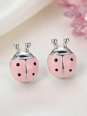 Pink Ladybug Stud Earrings - Cute Silver-Tone Girls Jewelry thumbnail 2