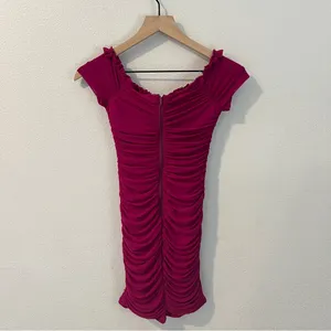 Privy Mesh Ruched Off The Shoulders Sweetheart‎ Mini Dress In Berry Size S thumbnail 8