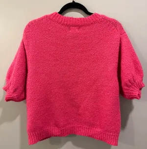 BiBi ‘Be Happy’ Puff Sleeve Tensil Letter Knit Top Hot Pink thumbnail 2