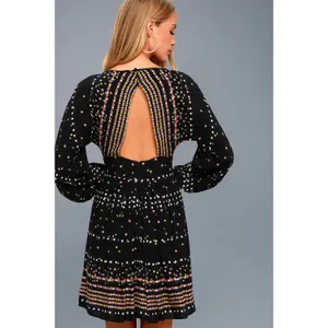 Free People Coryn Black Print Long Sleeve Open Back Flare Boho Mini Dress 0 thumbnail 3