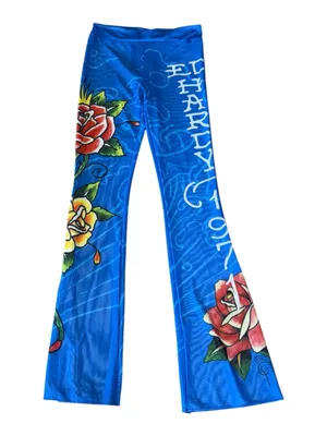 NWT Ed Hardy Swim Blue Flared Bell Bottom Pants Rose Tattoo Print Y2K Medium thumbnail 4