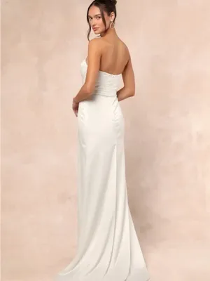 Lulu's Ivory Strapless beaded Sweetheart Gown with Draped Front Slit thumbnail 2
