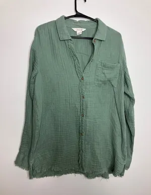 Natural Reflections Button Down Women M Green Excellent Frayed Cotton Gauze Top thumbnail 1