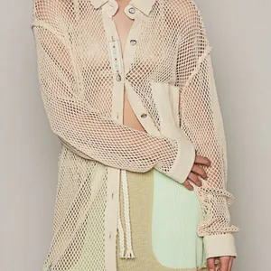 Pol open crochet Button down boho shacket Antique white. Size Medium thumbnail 9