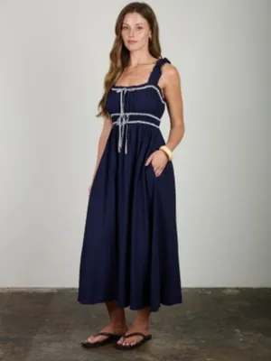 Shirred Stripe Front Tie Sleeveless Midi Dress thumbnail 4