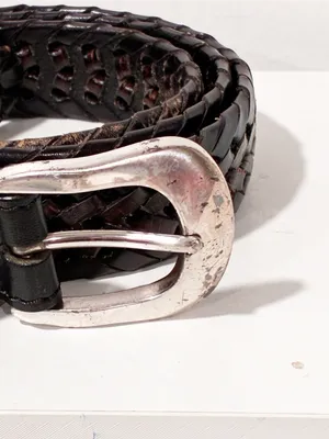 Vintage Brighton Women’s 36 Leather Belt Silver Tone Buckle Brown Braided thumbnail 2