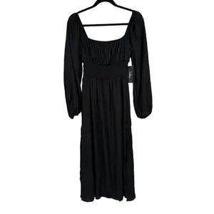 NWT‎ Lulus Long Sleeve Smocked Waist Midi Dress Black Size XS Babydoll Milkmaid thumbnail 4