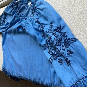 Crown & Ivy light denim embroidered top with drawstring collar, size L thumbnail 9