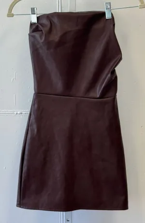 Y2K Edikted Brown Faux Leather Strapless Mini Dress Tube Bodycon Party‎ thumbnail 1