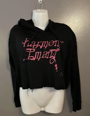 Harmony Emani Hoodie Womens Small Black Cropped Distressed Streetwear Graphic thumbnail 1