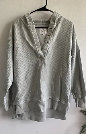 Aerie Women Sage Green Waffle Knit Henley Hoodie Oversized Pullover Snap Neck thumbnail 1