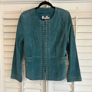 Bradley Teal Leather Lace‎ Detail Jacket Size Medium Blue thumbnail 1