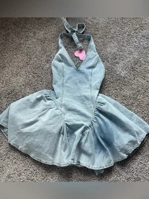 Sugar Thrillz Light Blue Denim Halter Poofy Coquette Mini Dress thumbnail 4