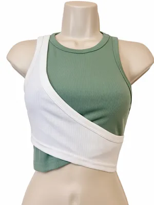 Fresral Ribbed Colorblock Wrap Crop Tank Top Sage Green White Size Small S thumbnail 1