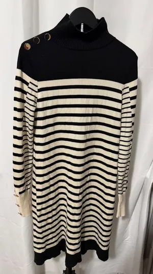 Eliza J Black Ivory Striped Turtleneck Sweater Dress Gold Buttons Size S thumbnail 1