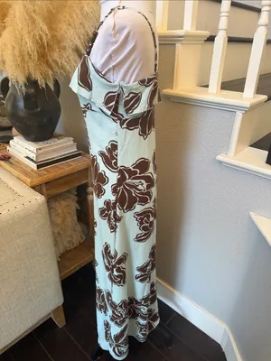 Anthropologie Paper Heart Blue Brown Linen Blend Floral Maxi Dress Size XS thumbnail 4