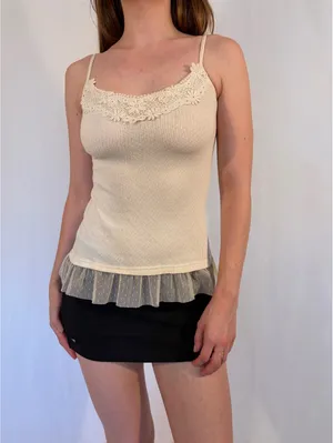 Cream White Dainty Floral Embroidered Tulle Cami Vintage Top thumbnail 6
