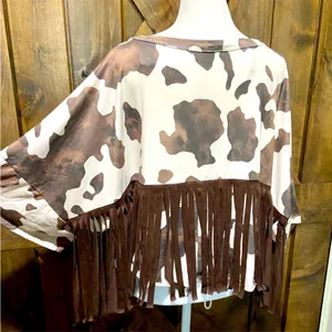 NWT Peach Love California Brown and White Crop Fringe Cow Print Tee thumbnail 4