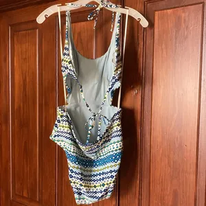 American Eagle Aerie New Cut Out Halter Blue Yellow Geometric One Piece Swimsuit Size XL thumbnail 2