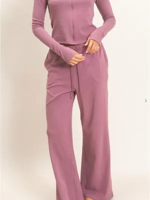 Dusty Mauve Plum Zip Up Top Wide Leg Pants Set Medium thumbnail 2