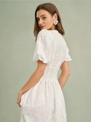 Rihoas White Round Neck Floral Midi Dress thumbnail 3