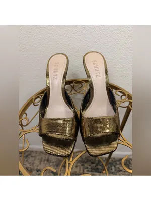SCHUTZ Metallic Gold Open-Toe Mule Cloe Stiletto Square  Heel Size 5.5 thumbnail 2