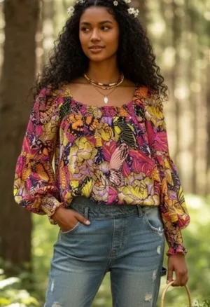 NEW Anthropologie x Alexandra Farmer Puff Sleeve Floral Popover Blouse S Cottage thumbnail 1