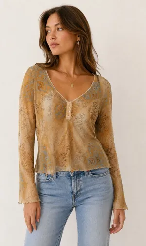 U.S Tops Vintage Y2k Fairy Brown Floral Sheer Bell Sleeve‎ Top Womens Small? thumbnail 1