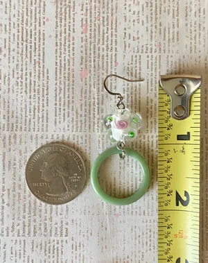 Handmade flower glass beads & green circle hoop unique fairy cottage retro style dangle earrings 🌼💚 thumbnail 8
