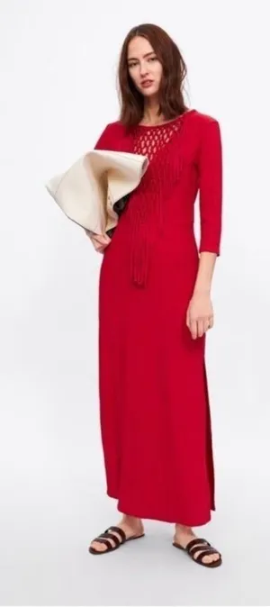 Zara Bright Red Fringe Knit Maxi Dress thumbnail 1