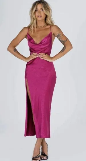 Lioness Revolve S Magenta Pink Satin Cowl Neck Maxi Dress Feminine Dainty Formal thumbnail 1